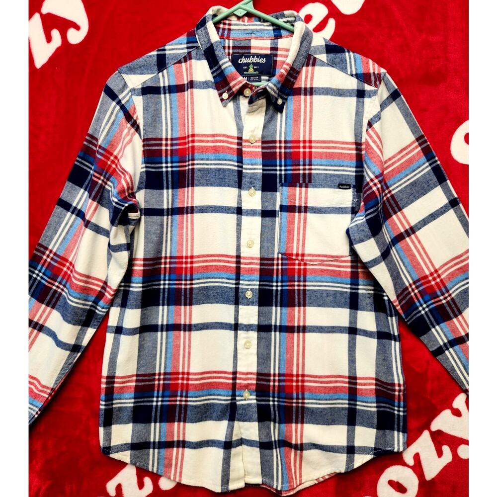 Chubbies Flannel Shirt Mens Medium Plaid Red White Blue Button Up Casual...